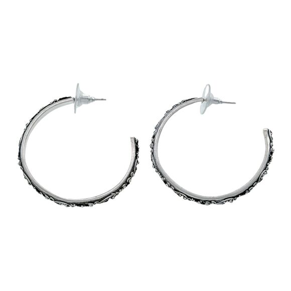 Lois Hill Sterling Silver 925 Milgrain Scrollwork Oxidized Hoop Earrings - Picture 2 of 10
